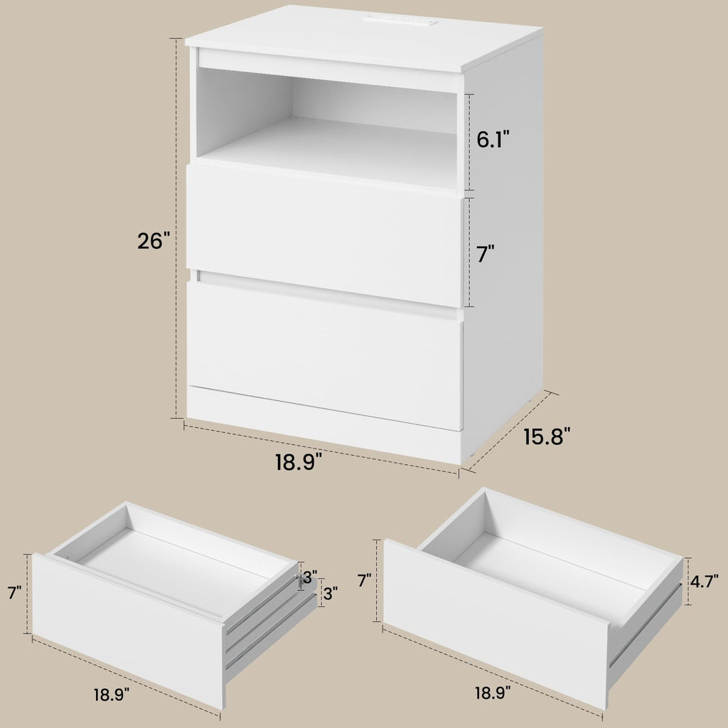 White Nightstand with Charging Station and Hidden Drawer W2098