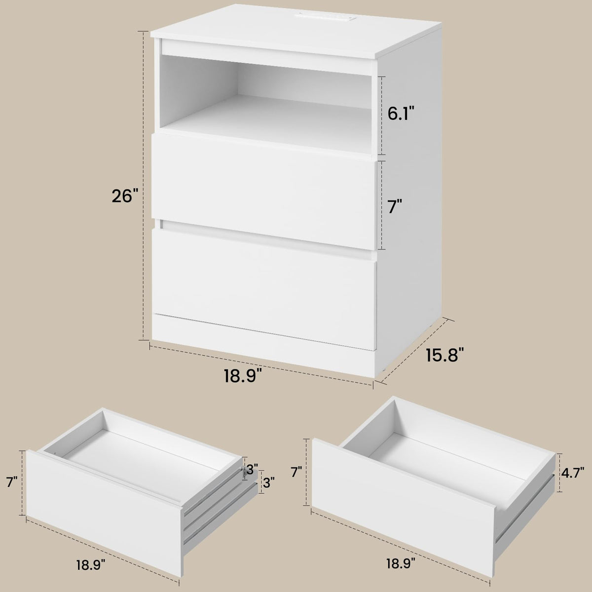 White Nightstand with Charging Station and Hidden Drawer W2098