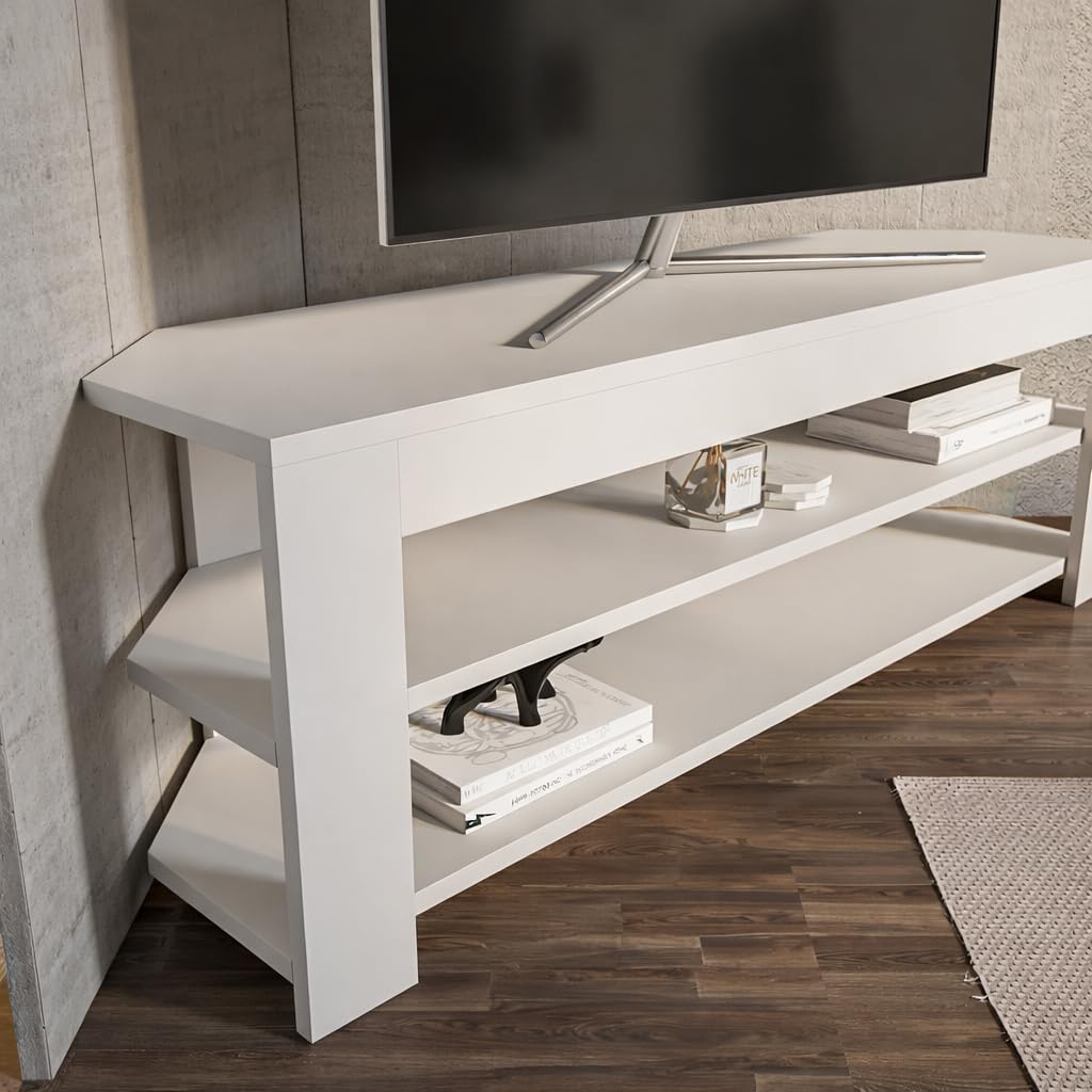 Corner TV Stand with Open Shelves for Up to 60 inch TVs White E285557
