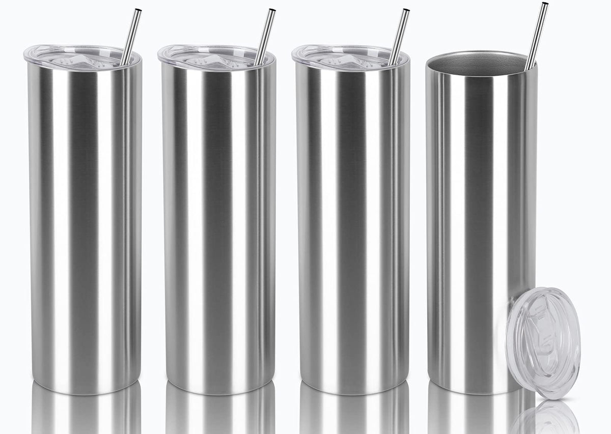 20 Oz Stainless Steel Skinny Tumbler Set, 4 Pack, Silver I480