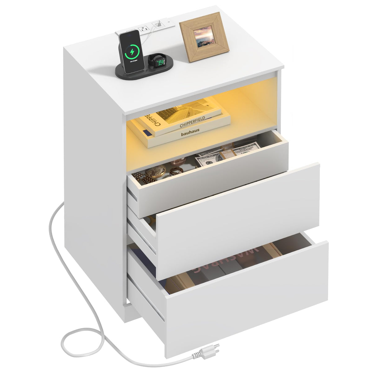 White Nightstand with Charging Station and Hidden Drawer W2098