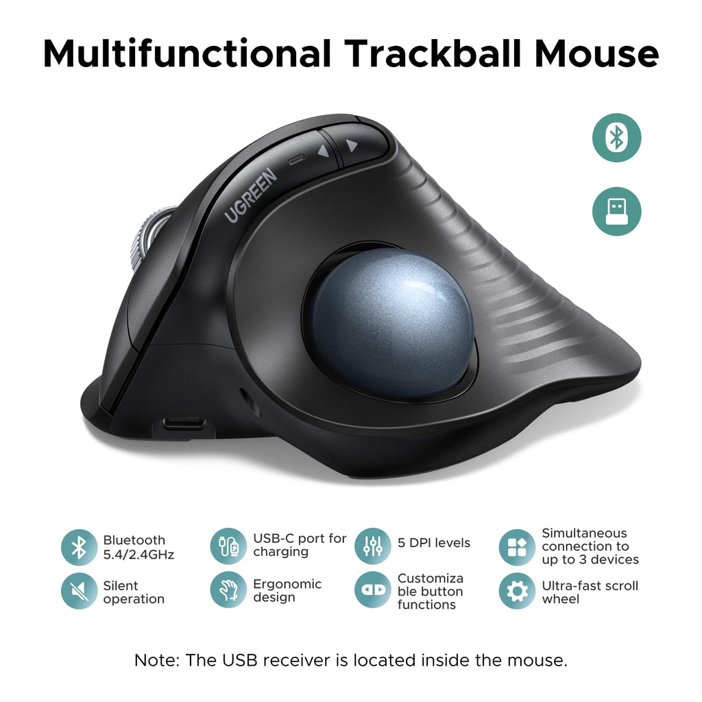 Wireless Trackball Mouse, Bluetooth & 2.4G, Thumb Control S397