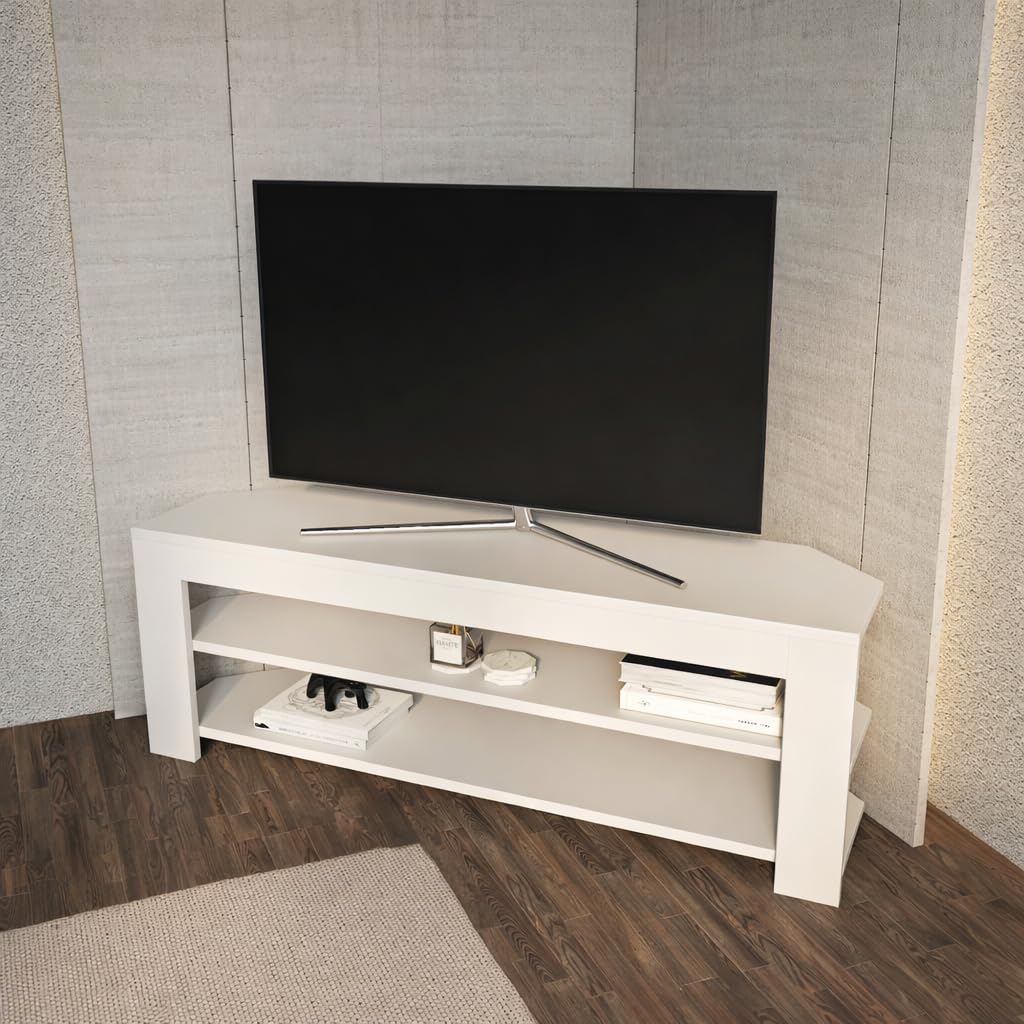 Corner TV Stand with Open Shelves for Up to 60 inch TVs White E285557