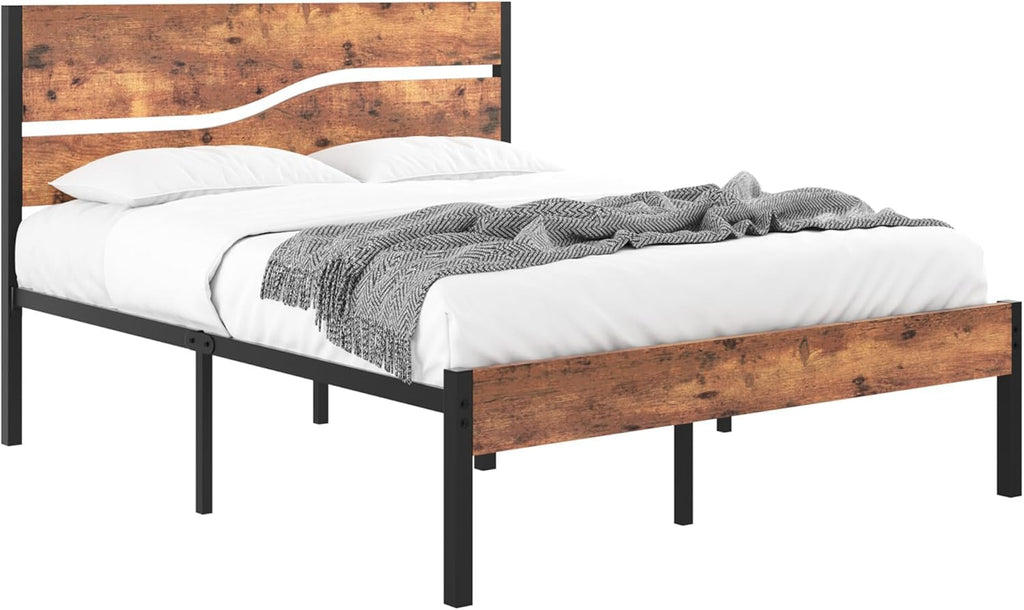 Full Size Metal Platform Bed with Wooden Headboard and Footboard R84149