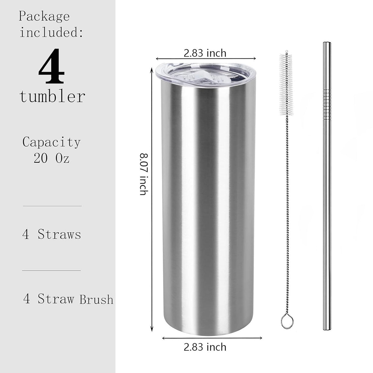 20 Oz Stainless Steel Skinny Tumbler Set, 4 Pack, Silver I480