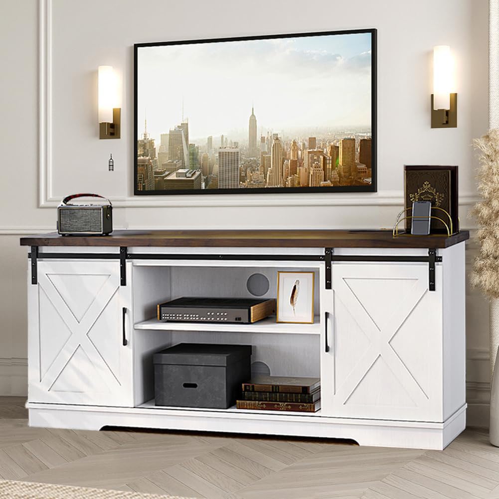 White Farmhouse TV Stand with Sliding Barn Doors and Adjustable Shelf P477