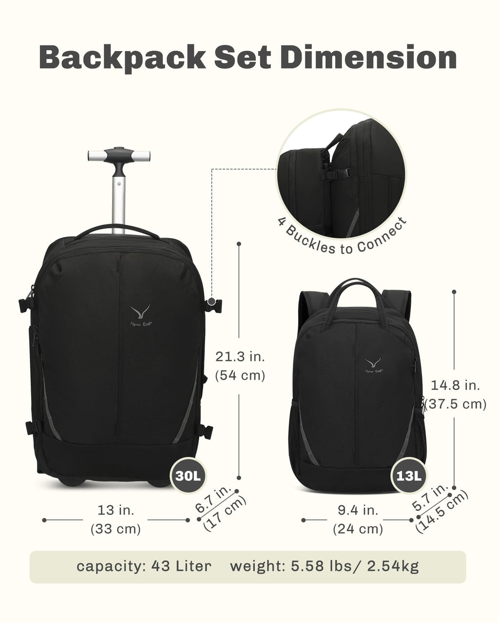 Rolling Backpack with Wheels 43L with Personal Item Bag E909