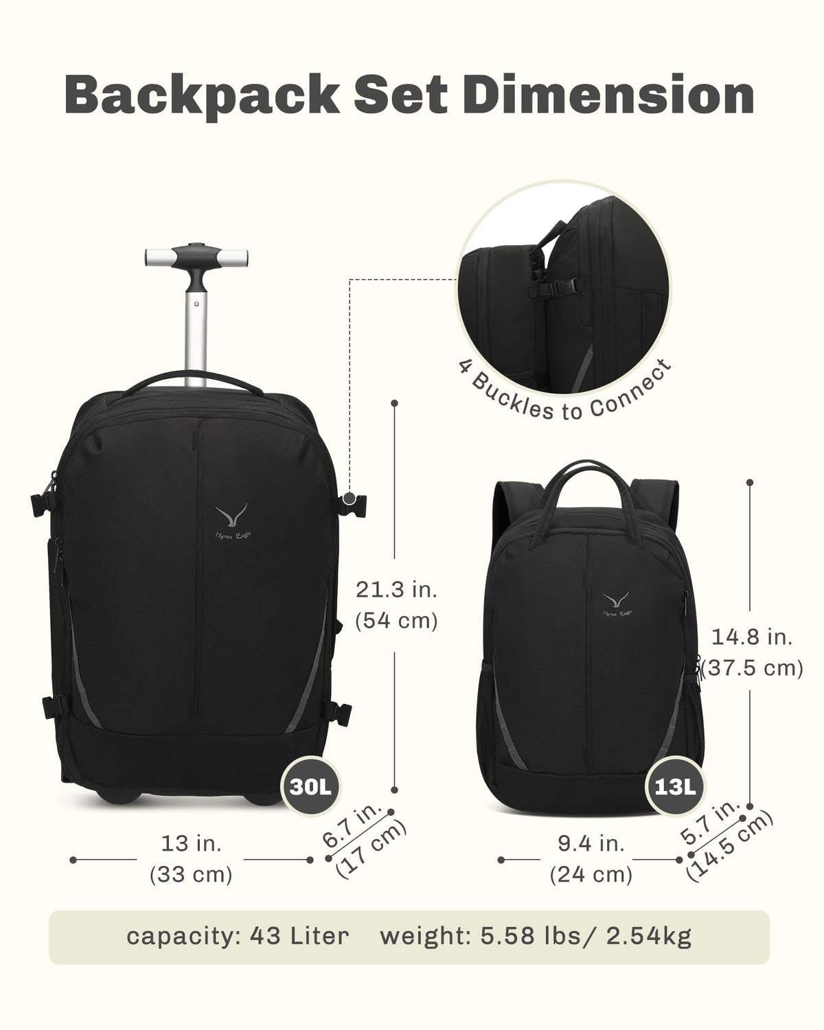 Rolling Backpack with Wheels 43L with Personal Item Bag E909