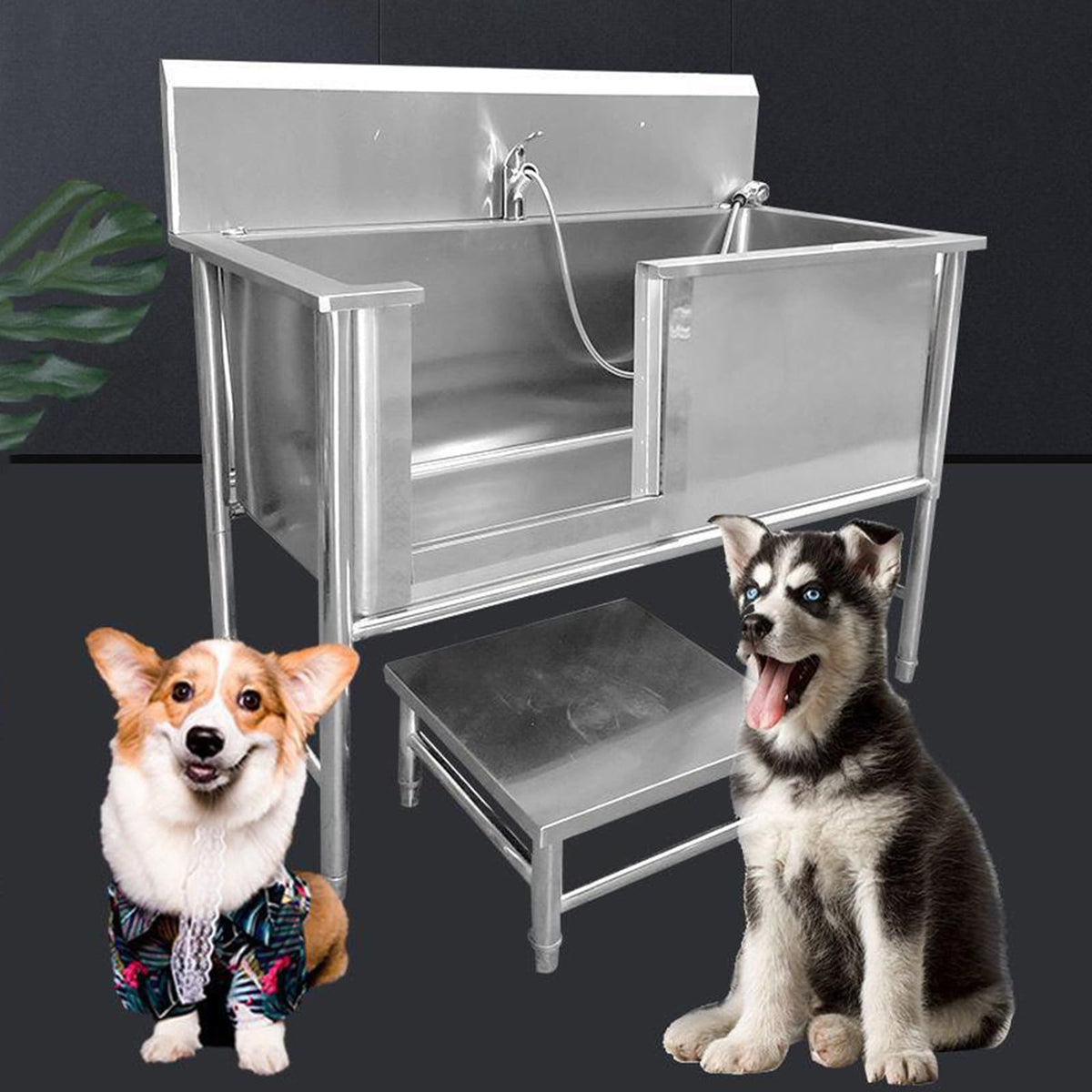 53'' Stainless Steel Pet Grooming Tub with Walk-in Stairs W883