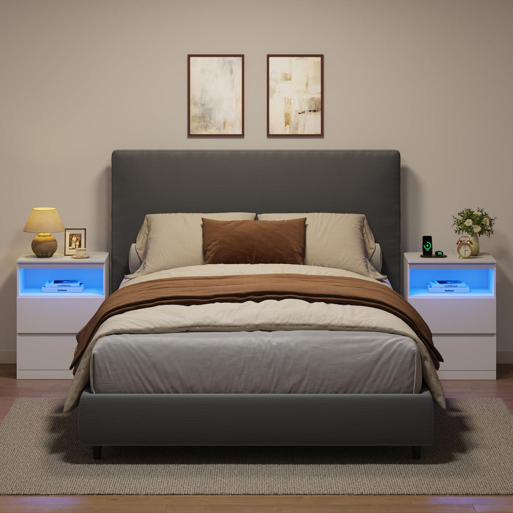 White Nightstand with Charging Station and Hidden Drawer W2098