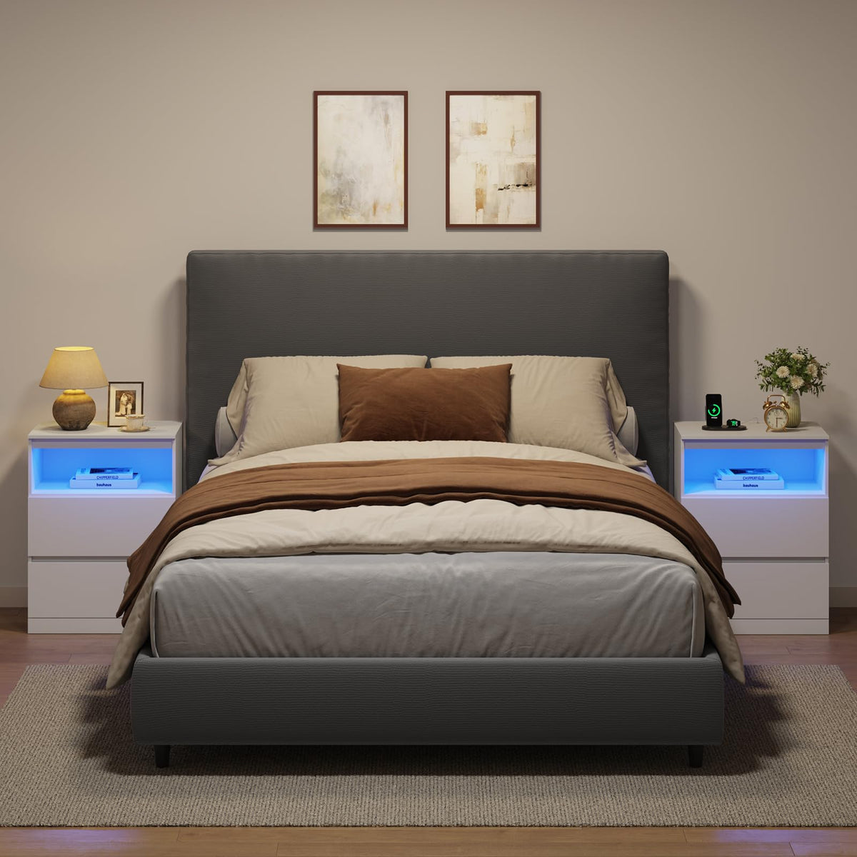 White Nightstand with Charging Station and Hidden Drawer W2098