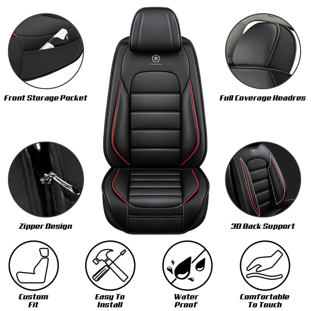 Waterproof Nappa Leather Car Seat Covers Standard 5 Seats Black & Red Y15207