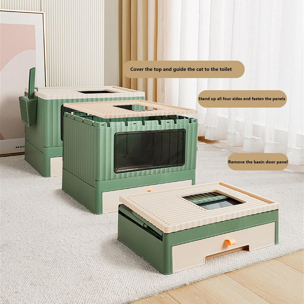 Top Entry Cat Litter Box with Lid Foldable Green U1988