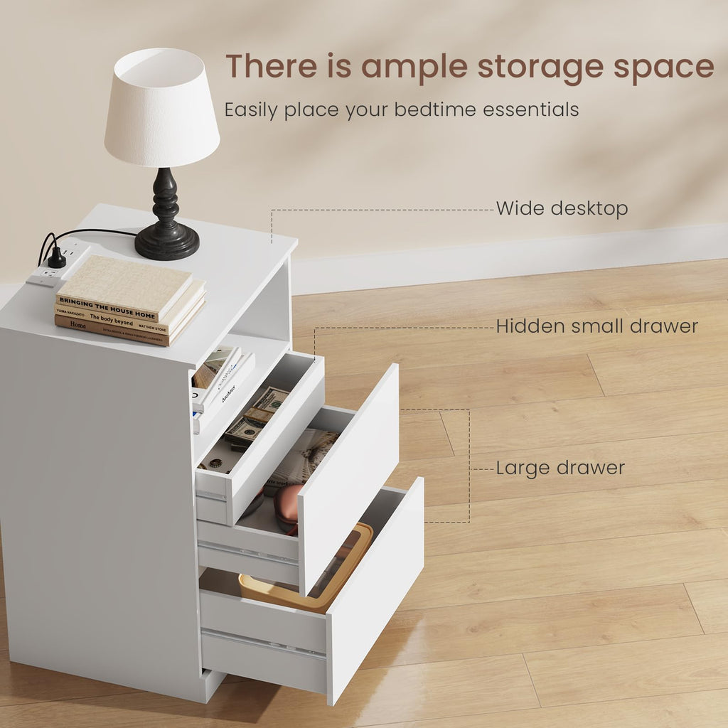 White Nightstand with Charging Station and Hidden Drawer W2098