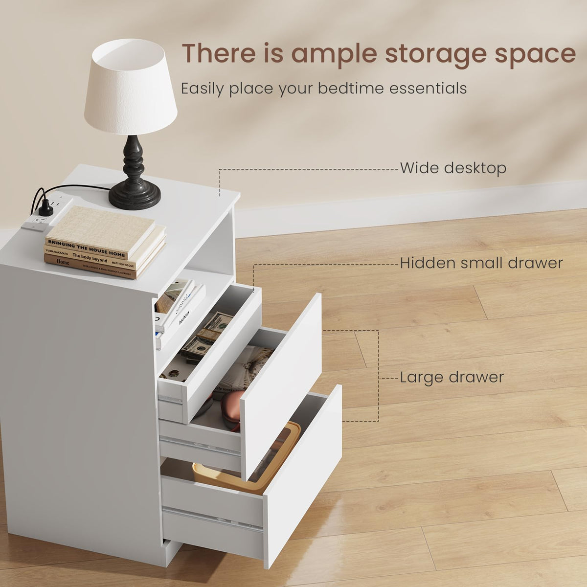 White Nightstand with Charging Station and Hidden Drawer W2098