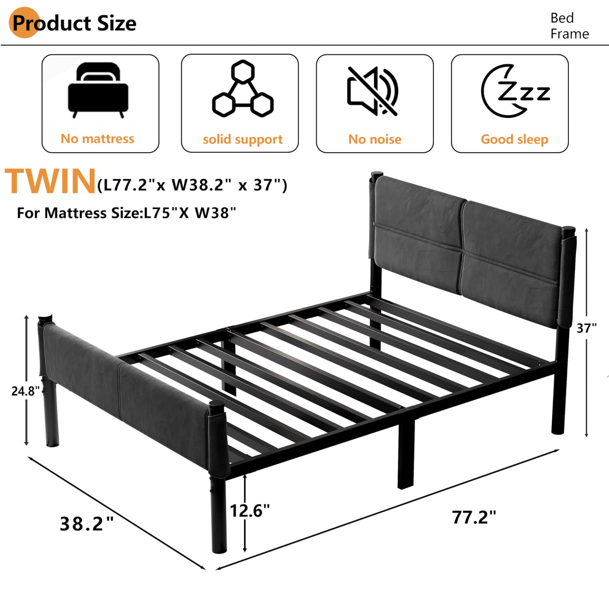 14 Inch Twin Size Grey Metal Bed Frame W792