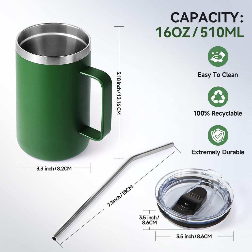 16oz Insulated Stainless Steel Coffee Mug with Lid and Straw O639109