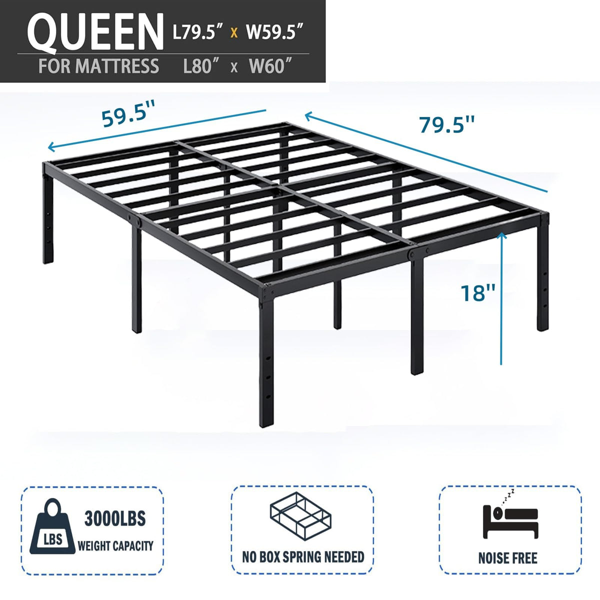 18 Inch Queen Metal Platform Bed Frame R196531