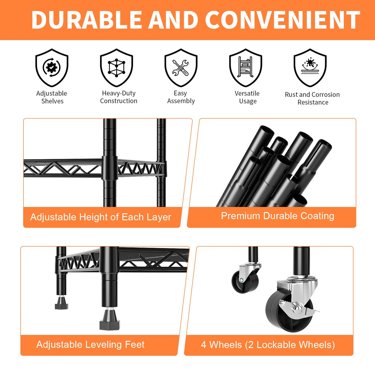 5-Tier Heavy Duty Metal Shelving Unit on Lockable Wheels W2372