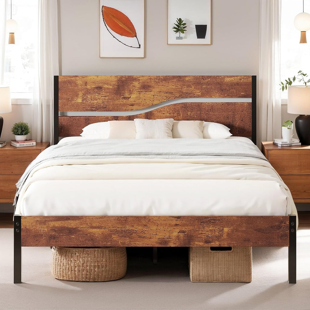 Full Size Metal Platform Bed with Wooden Headboard and Footboard R84149