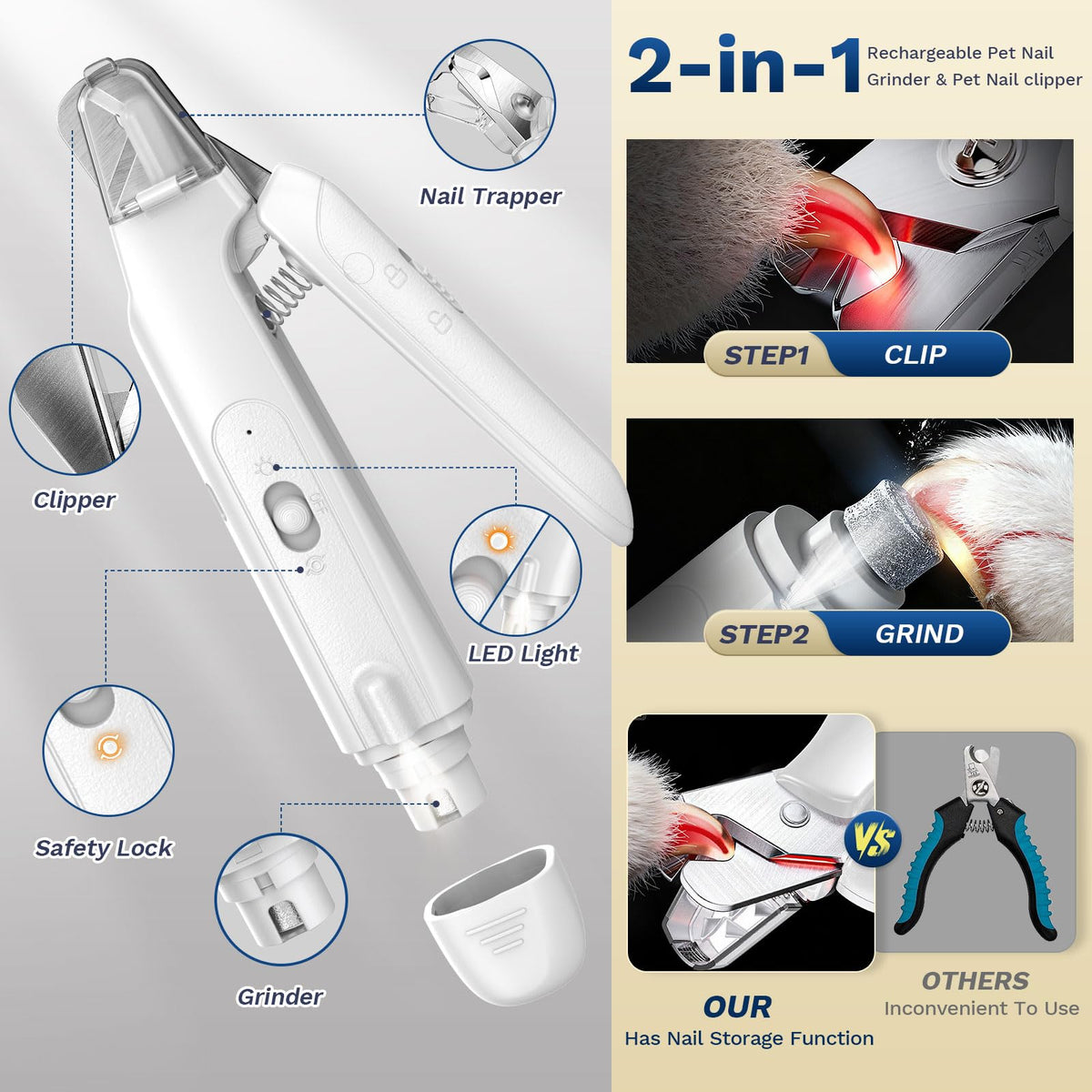 2-in-1 Dog Nail Clippers & Grinder with LED Light D610