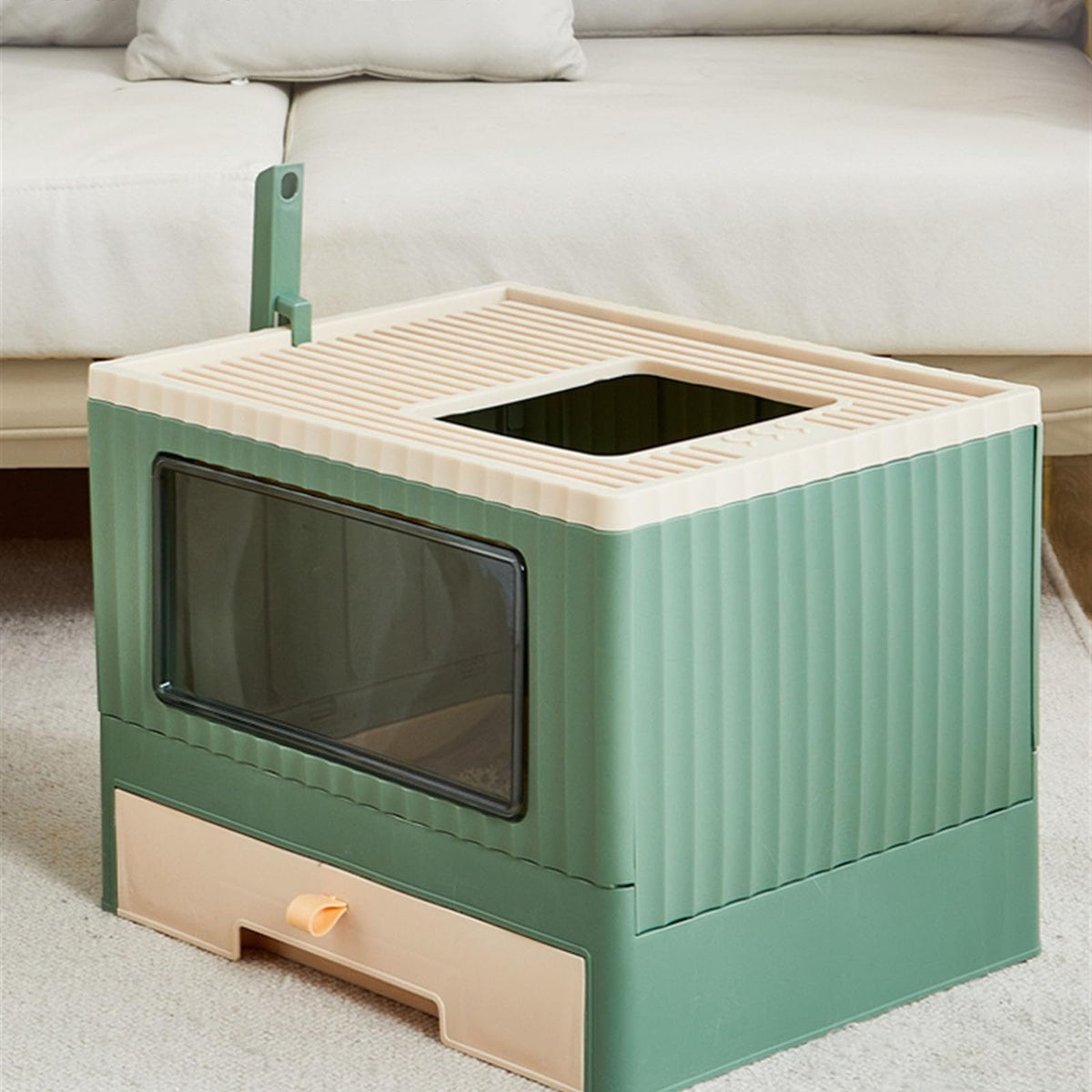 Top Entry Cat Litter Box with Lid Foldable Green U1988