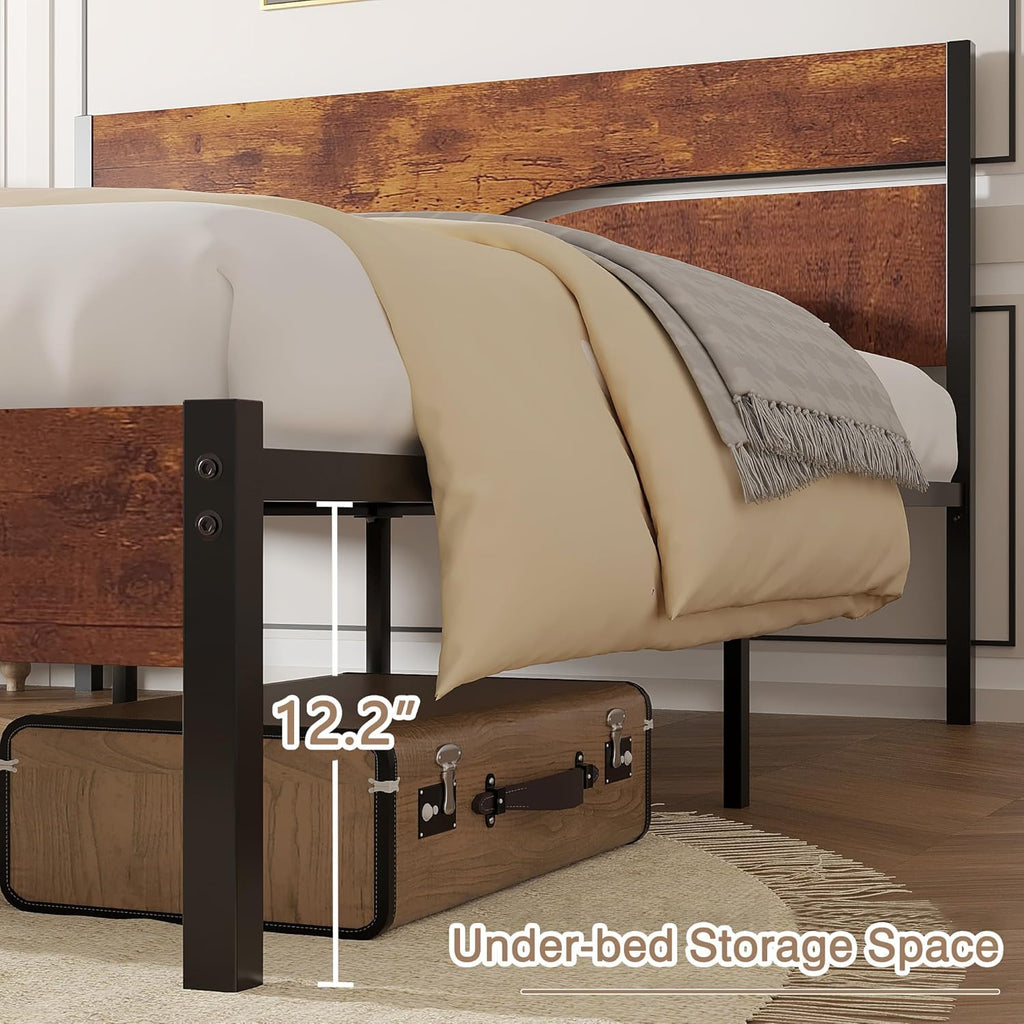 Full Size Metal Platform Bed with Wooden Headboard and Footboard R84149
