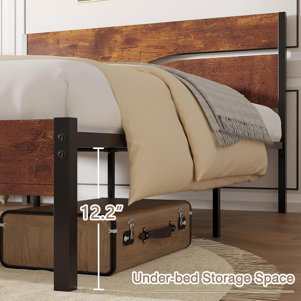 Full Size Metal Platform Bed with Wooden Headboard and Footboard R84149