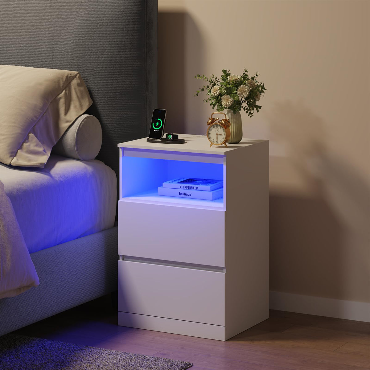 White Nightstand with Charging Station and Hidden Drawer W2098