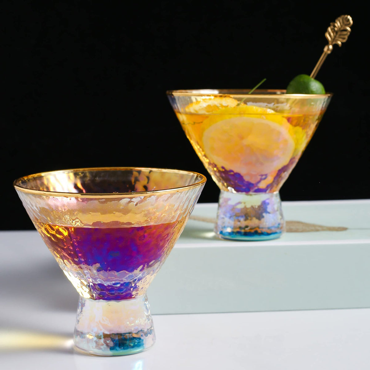Stemless Martini Glasses Set of 2 Gold Rim G5001