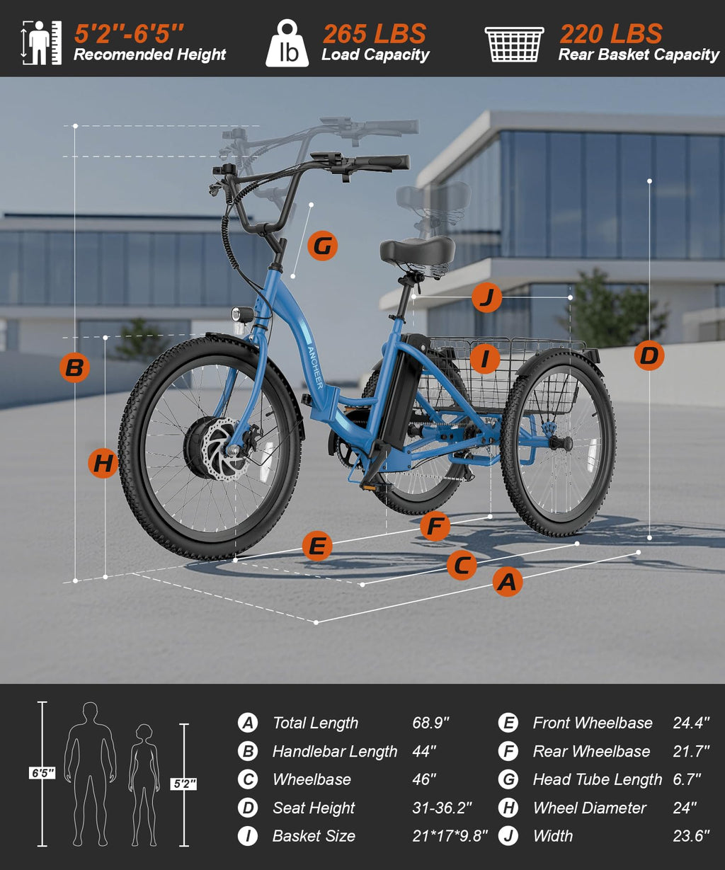 Electric Tricycle for Adults, 600W Folding, 24" 499Wh, 15.5MPH, Removable Battery, 3 Wheel, Blue C4130