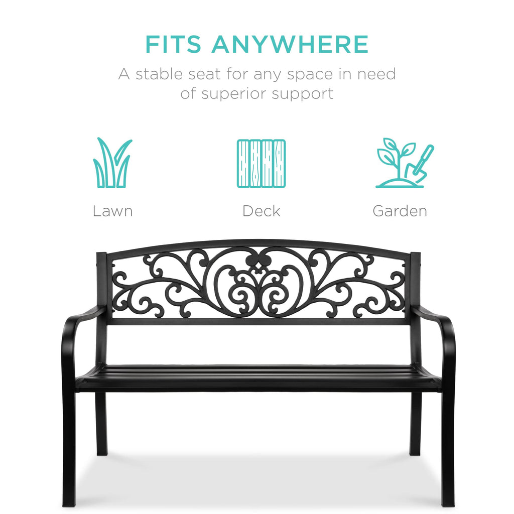 Black Steel Outdoor Bench with Floral Backrest R3304