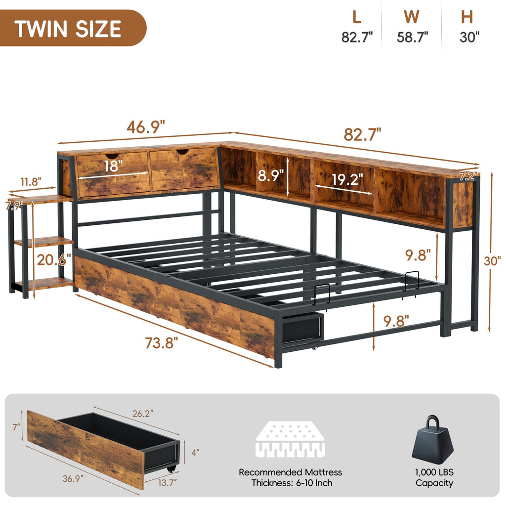 Brown Twin Corner Bed Frame with Storage Bookcase and Bedside Rack H750