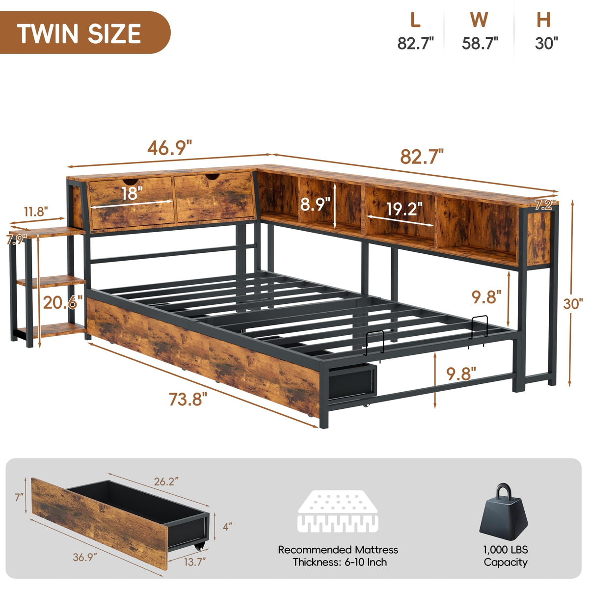 Brown Twin Corner Bed Frame with Storage Bookcase and Bedside Rack H750