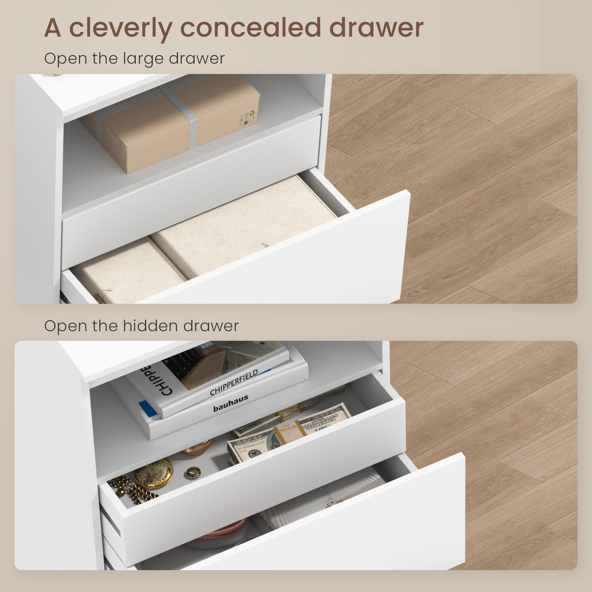 White Nightstand with Charging Station and Hidden Drawer W2098