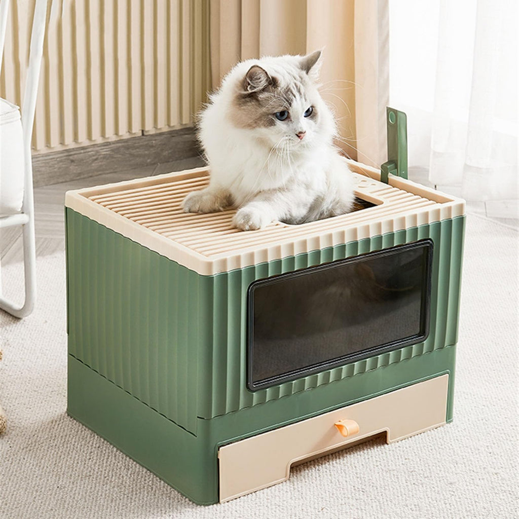 Top Entry Cat Litter Box with Lid Foldable Green U1988