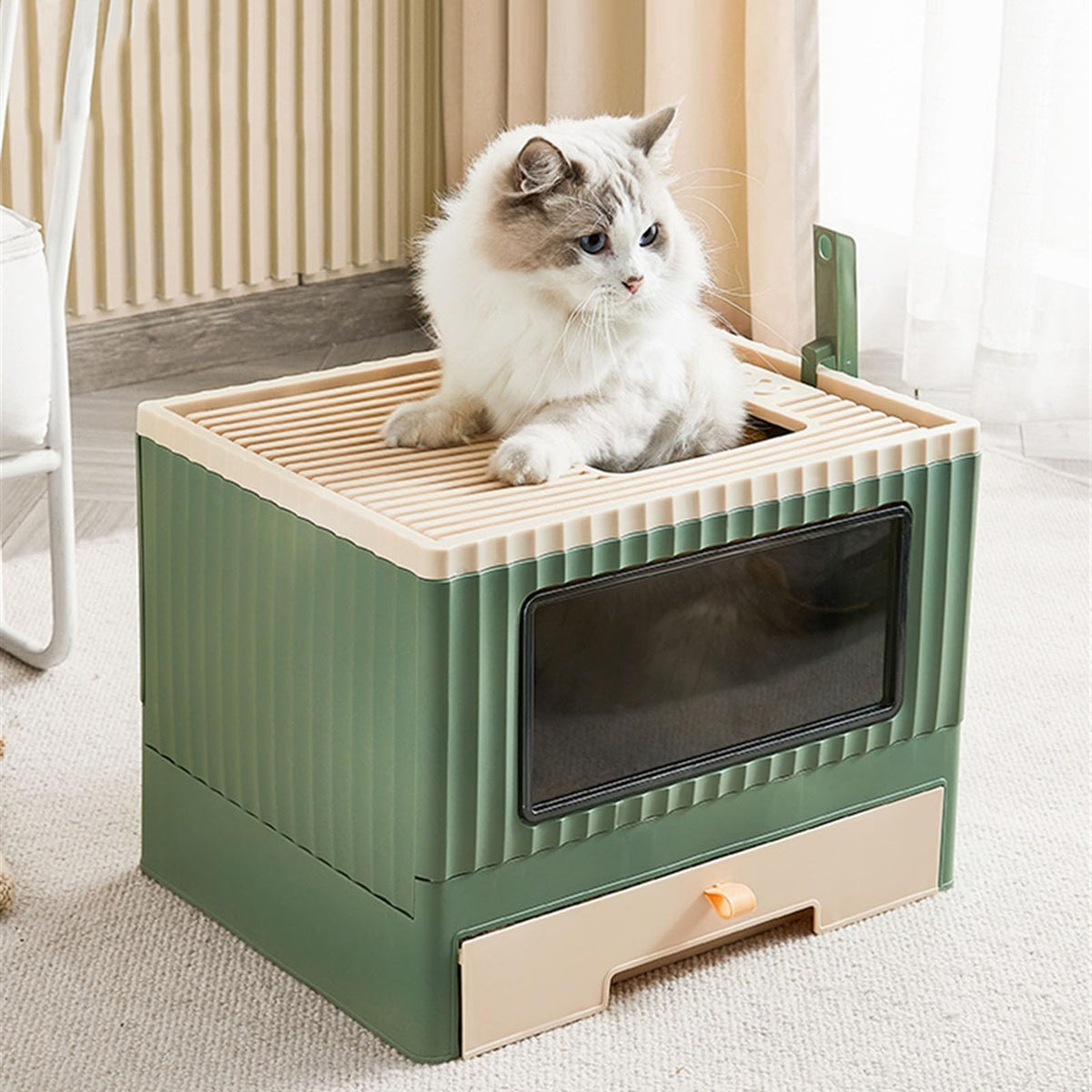 Top Entry Cat Litter Box with Lid Foldable Green U1988