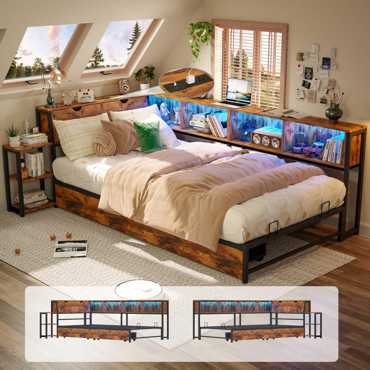 Brown Twin Corner Bed Frame with Storage Bookcase and Bedside Rack H750