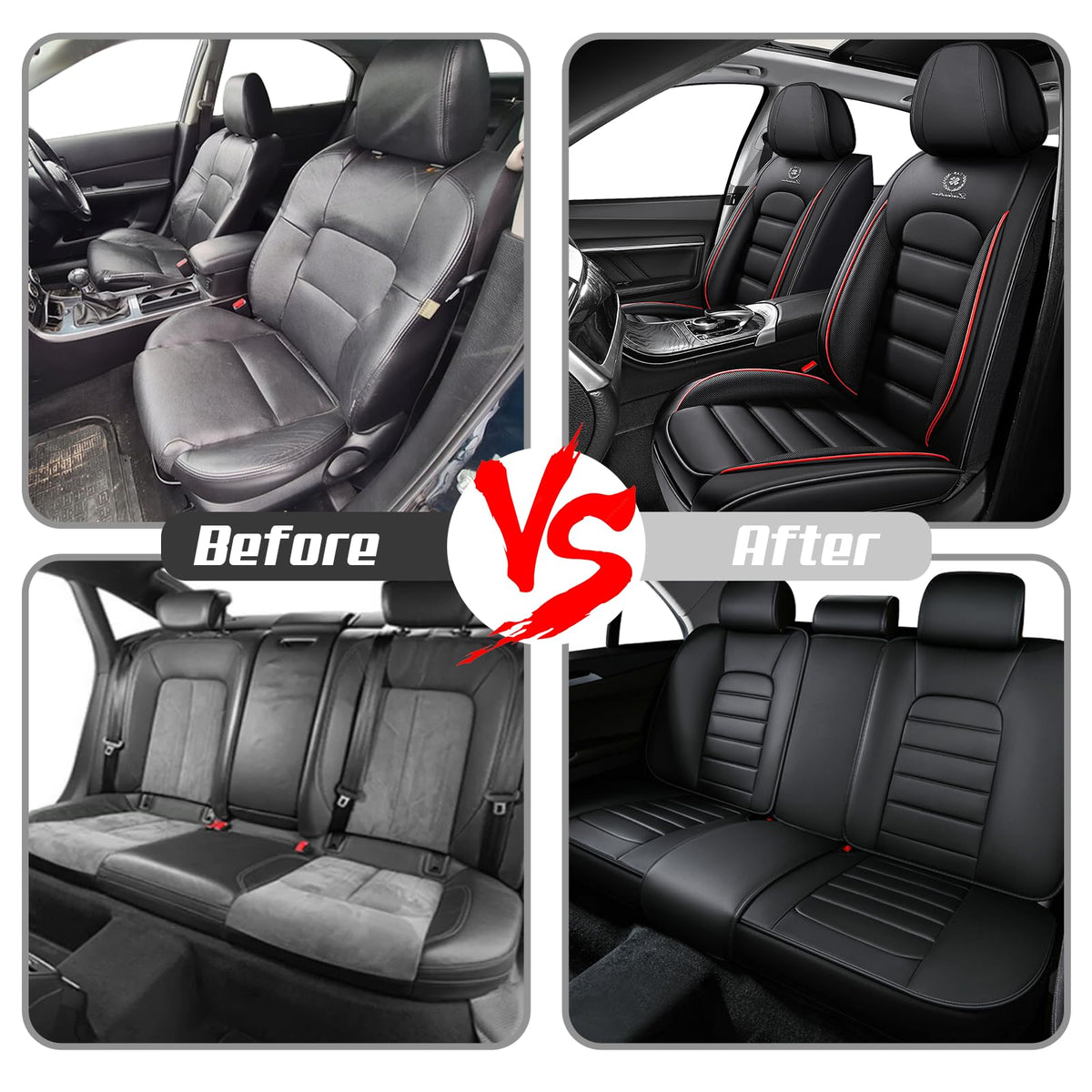 Waterproof Nappa Leather Car Seat Covers Standard 5 Seats Black & Red Y15207