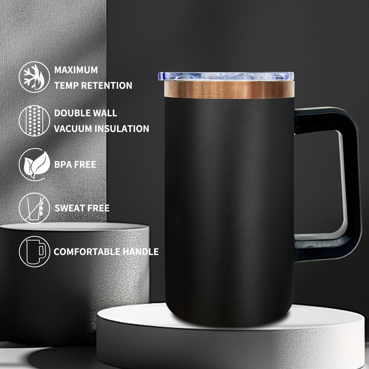22oz Insulated Coffee Mug with Handle and Lid Black G265733
