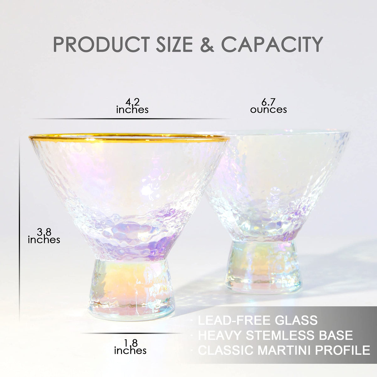 Stemless Martini Glasses Set of 2 Gold Rim G5001