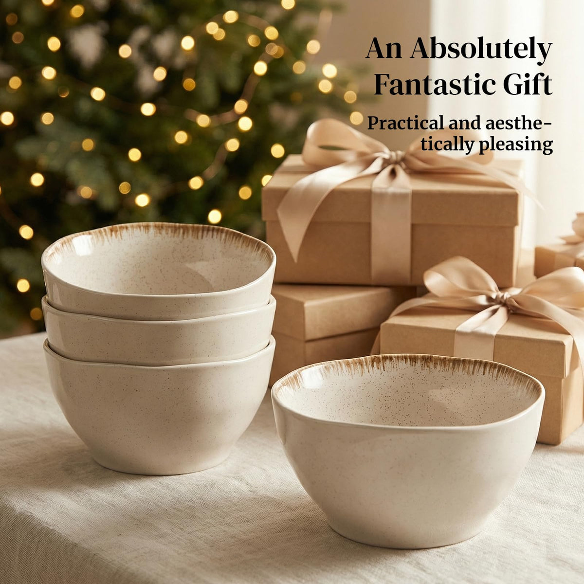 30 OZ Ceramic Soup Bowls Set of 4 Beige M14955