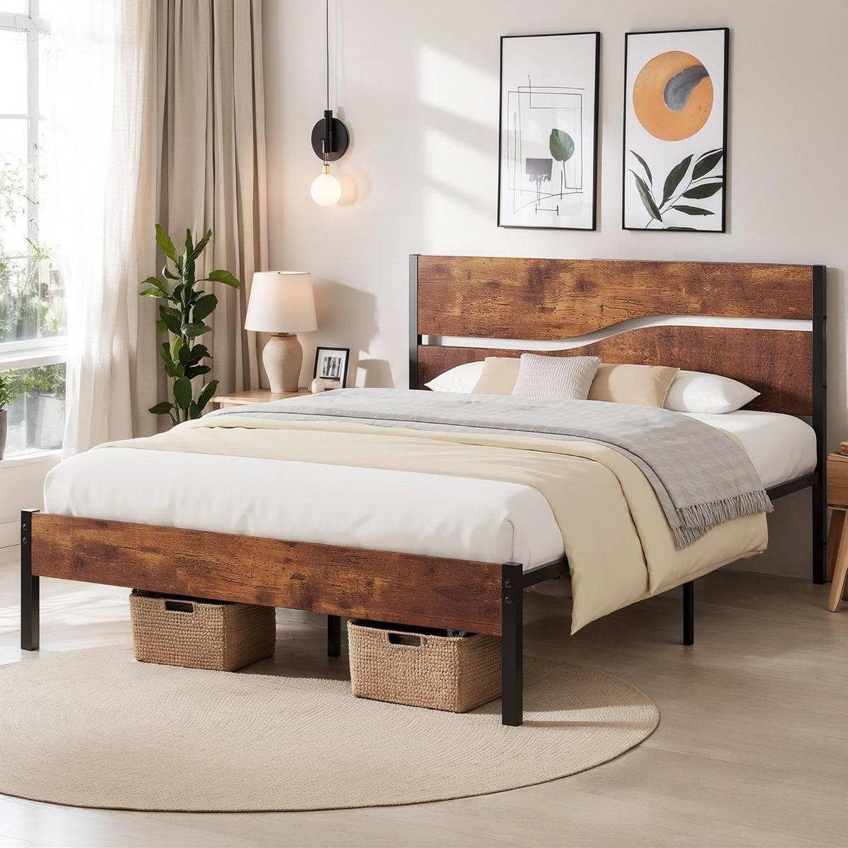 Full Size Metal Platform Bed with Wooden Headboard and Footboard R84149