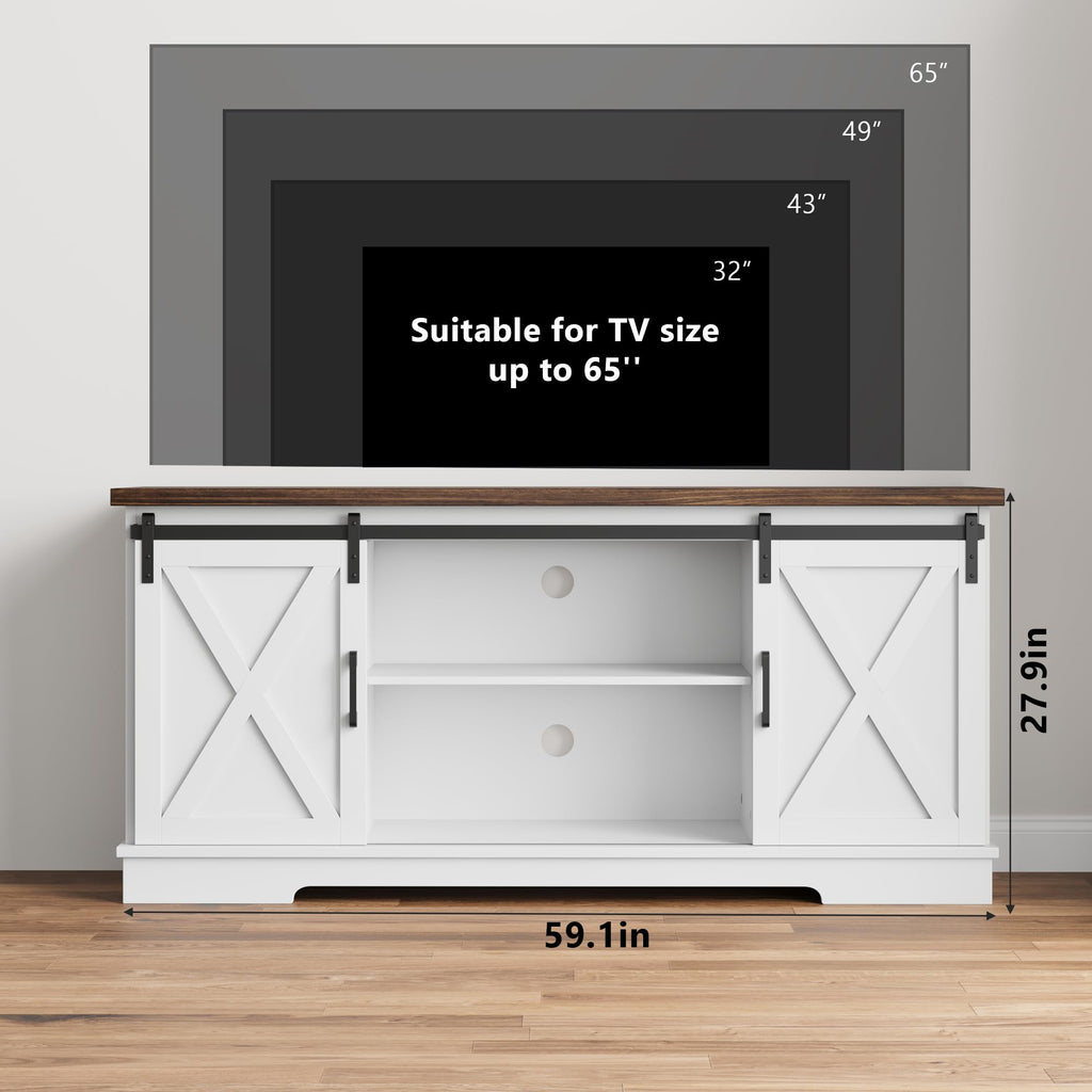 White Farmhouse TV Stand with Sliding Barn Doors and Adjustable Shelf P477