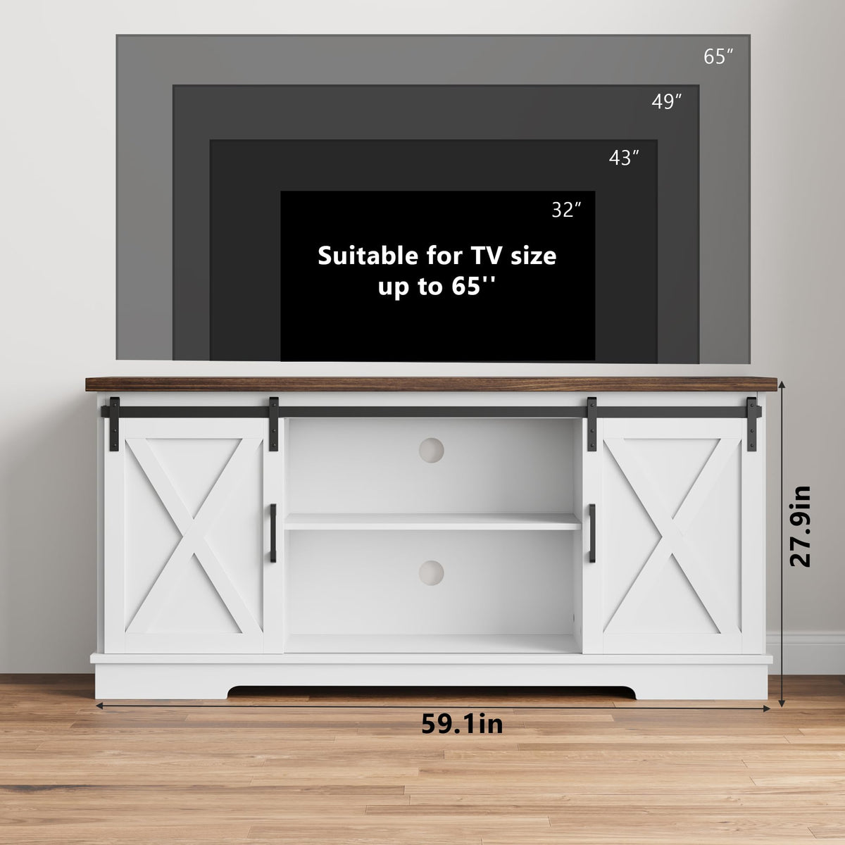 White Farmhouse TV Stand with Sliding Barn Doors and Adjustable Shelf P477