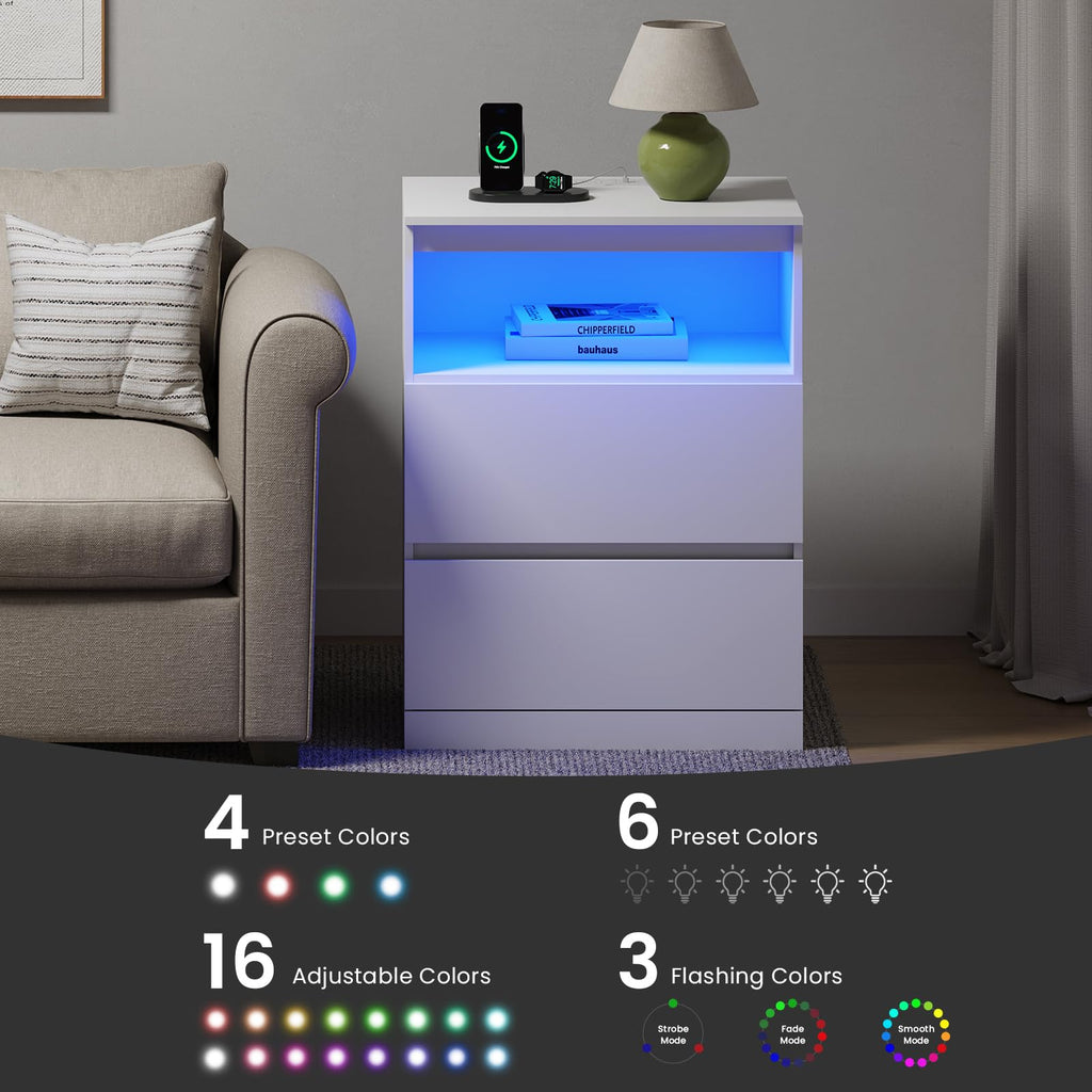 White Nightstand with Charging Station and Hidden Drawer W2098
