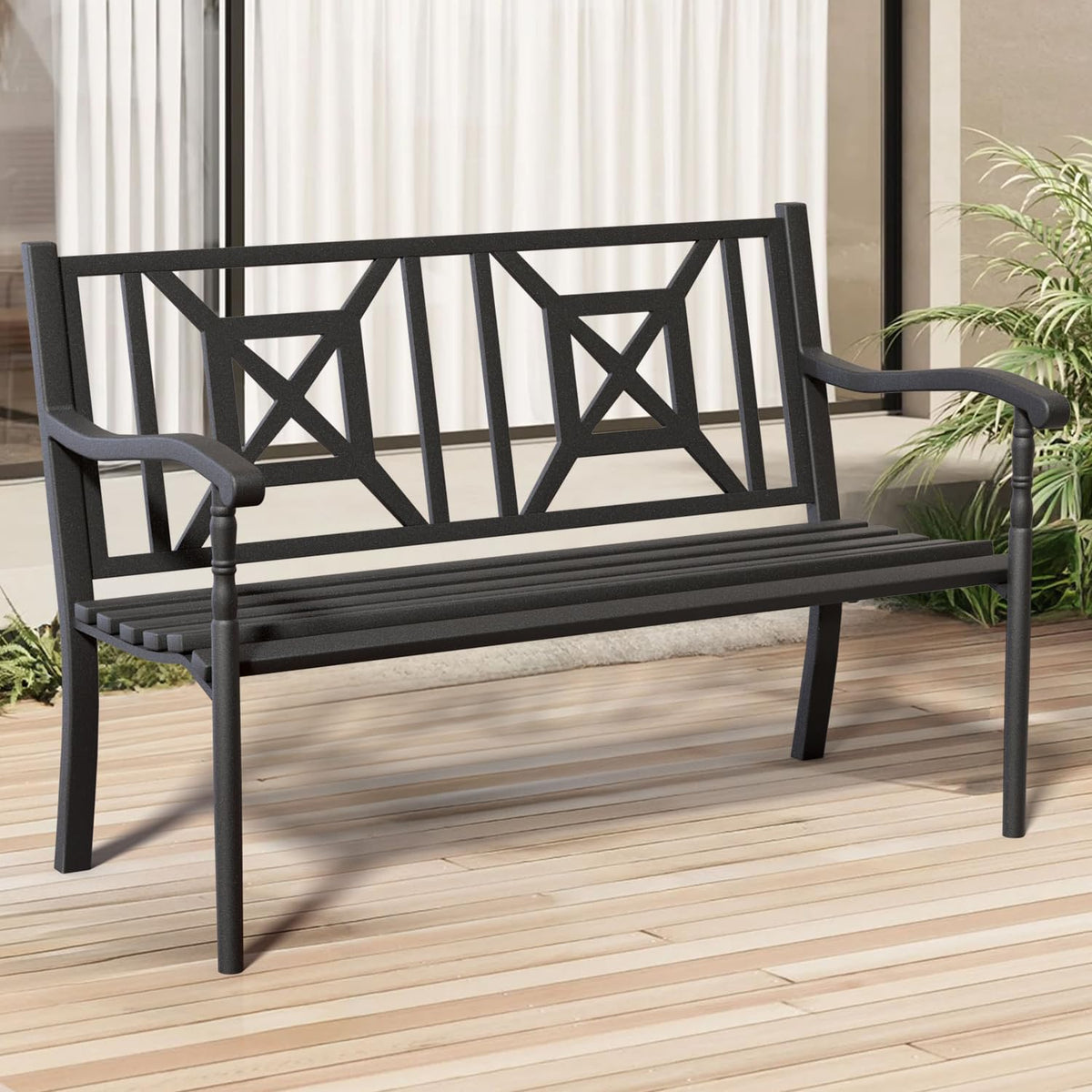 50.5" Metal Patio Bench with Lattice Backrest H90493