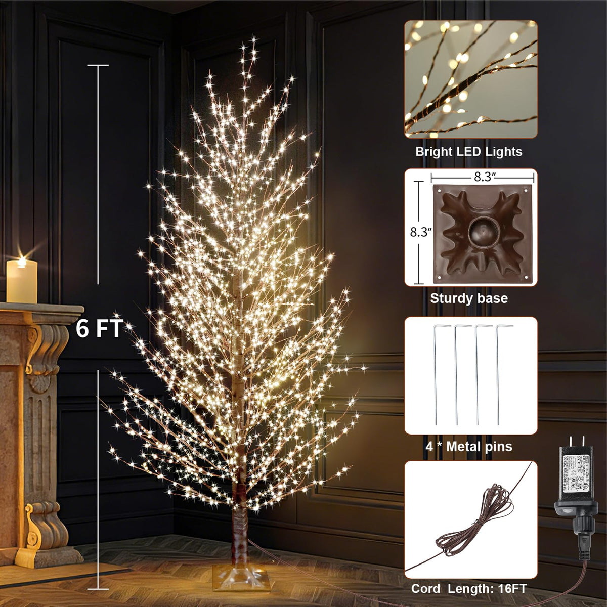 6FT Brown Lighted Birch Tree 1300LEDs Warm White Lights R3513