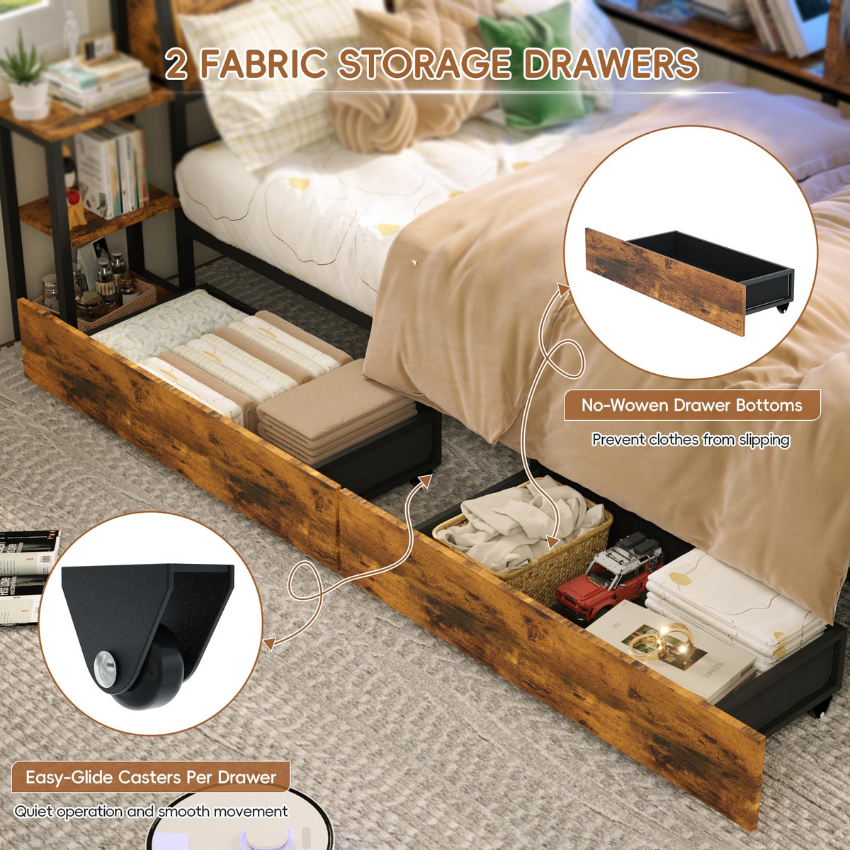 Brown Twin Corner Bed Frame with Storage Bookcase and Bedside Rack H750