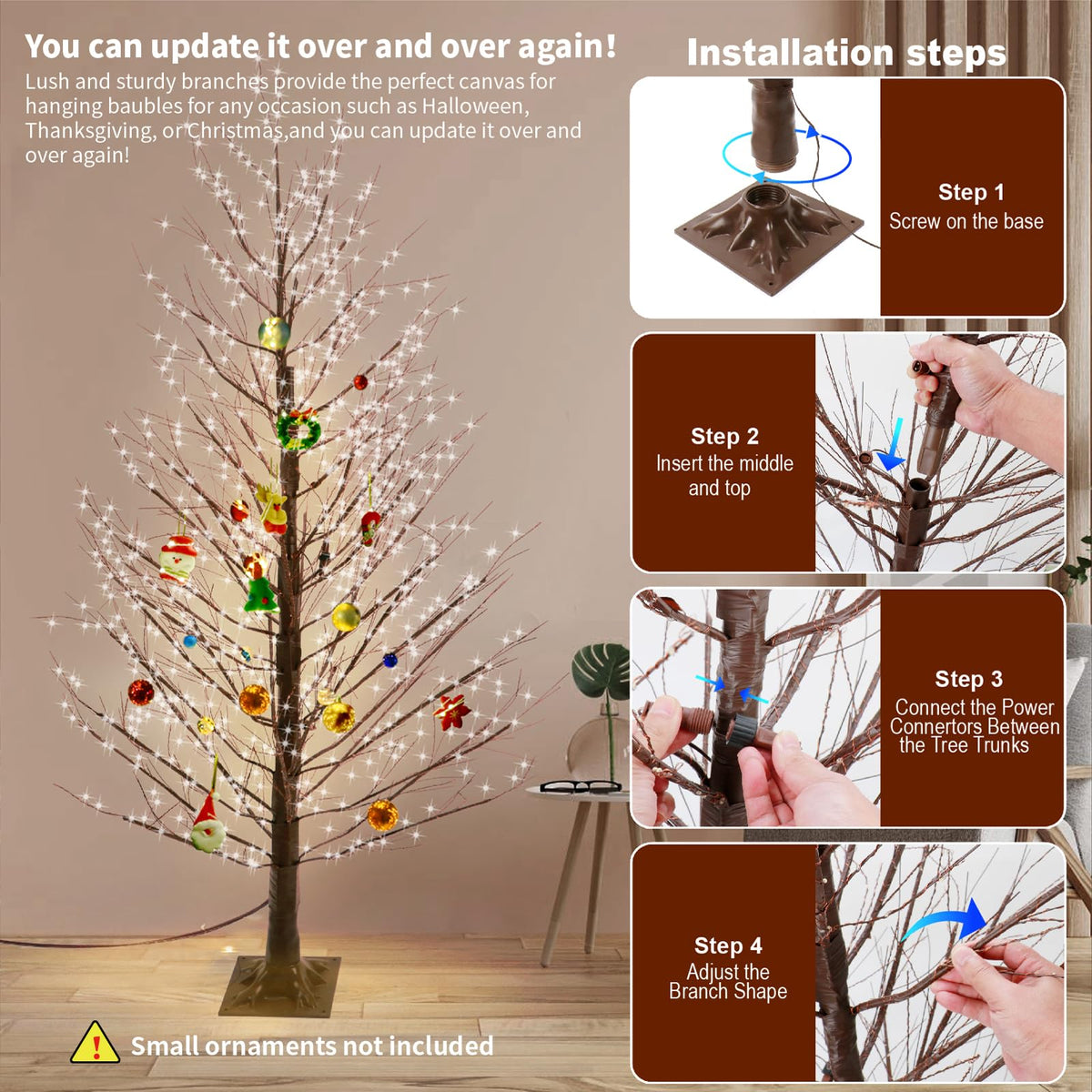6FT Brown Lighted Birch Tree 1300LEDs Warm White Lights R3513